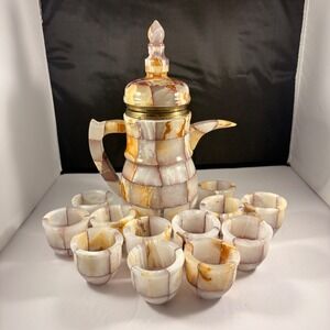 Vintage Onyx Stone Tea Set Coffee Pot & 12 Cups Mid Century Marble Mosaic